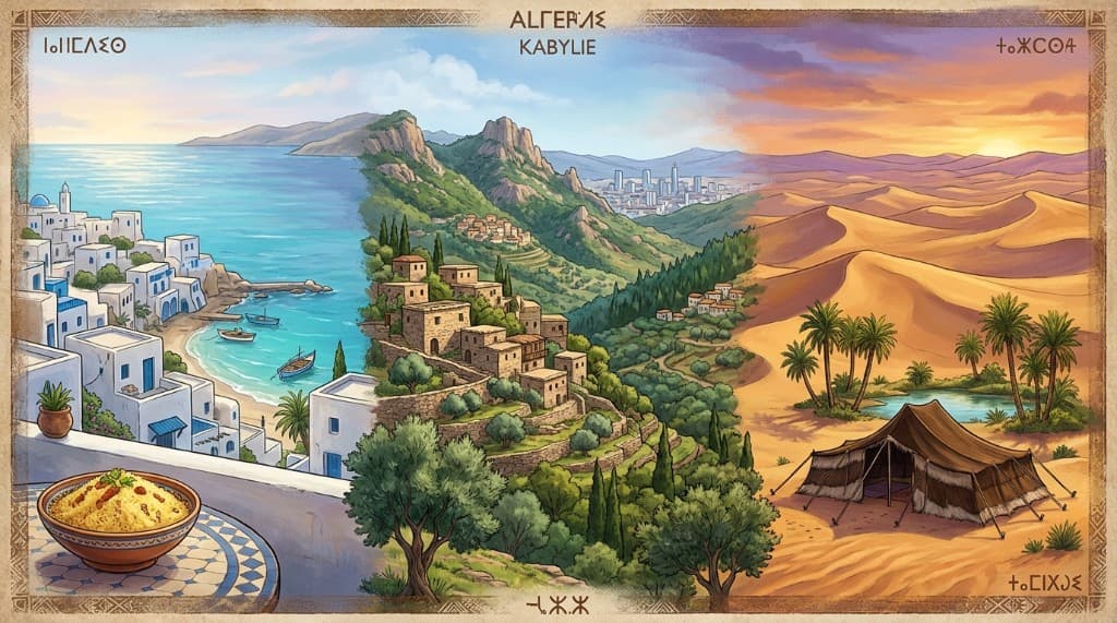 Panorama stylisé en trois bandes : côte méditerranéenne (façades blanches et bleues, couscous sur une terrasse, barques), Kabylie (collines vertes, village en pierre aux toits rouges, ville moderne au loin), Sahara (dunes orangées, oasis, khaima) ; glyphes tifinagh et mentions « Algérie » / « Kabylie ».