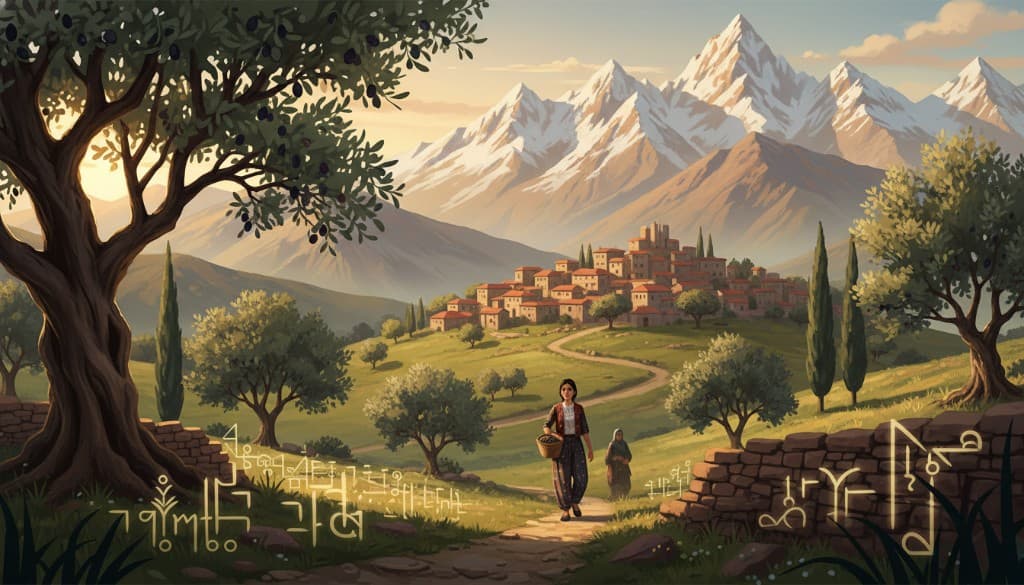 Paysage kabyle au crépuscule : chemin entre oliviers, femme en tenue traditionnelle avec panier, maisons en pierre aux toits rouges, chaîne du Djurdjura enneigé ; glyphes tifinagh dorés flottant au-dessus du sentier.